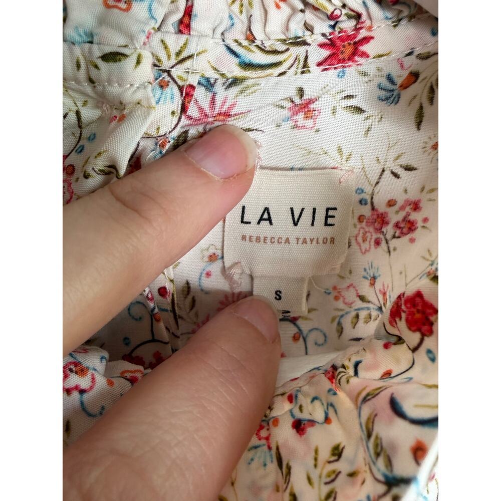 La Vie by Rebecca Taylor Floral Ruffle Neck Blouse Cream w/ Red & Green Small - Picture 7 of 12